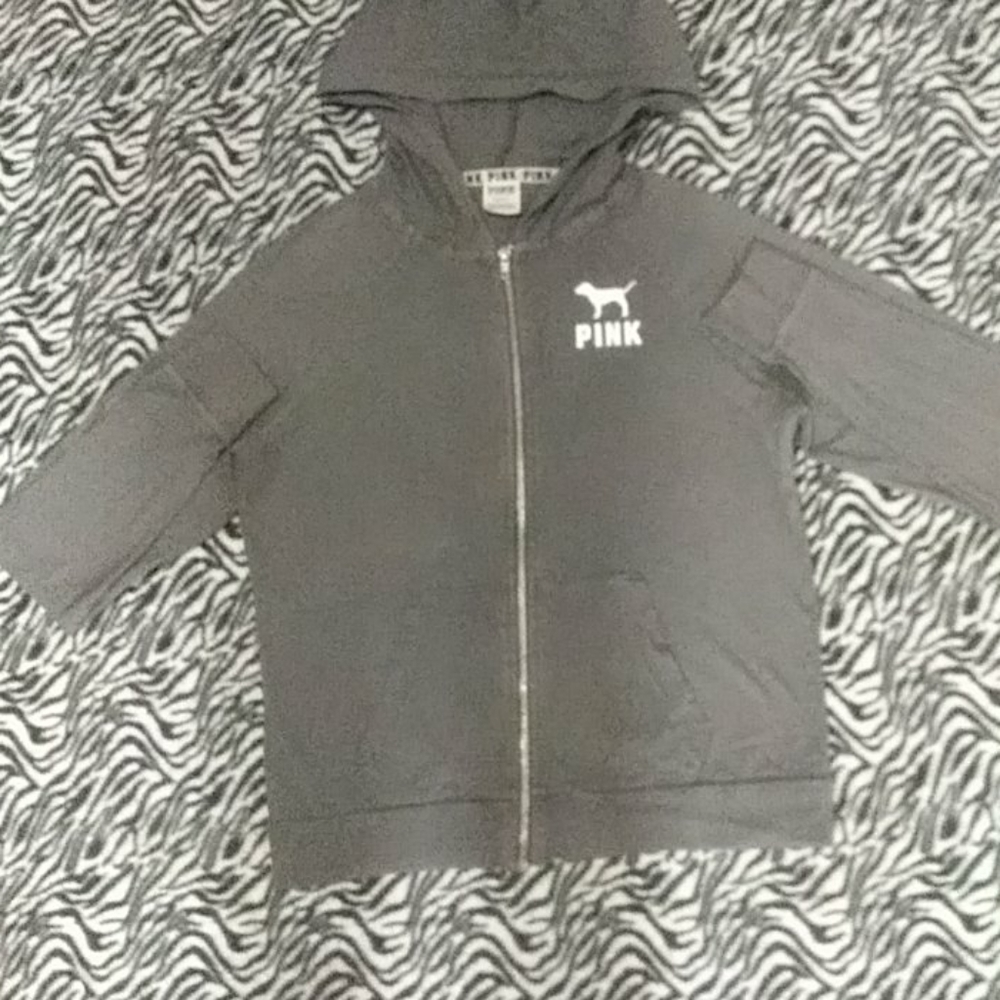 Victoria's secret PINK full zip hoodie. Gray with white detailing. Worn 4 times.